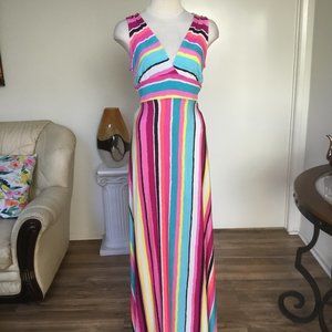 IPONA Multicolor Striped Maxi Long Dress Cutout Sleeveless A-Line Colorful S